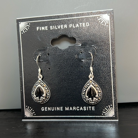 Marcasite Drop Earrings in Silver-Plate Black Onyx silver toned base tear drop - Picture 2 of 3